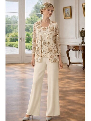  Deux Pièces Trois Pièces Tailleur Pantalon Longueur au sol Robe de Mère de Mariée  Sans manches Manche 3/4 Col Rond Élégant Simple Embelli Formel robe demoiselle d honneur Soirée Formelle Chiffon