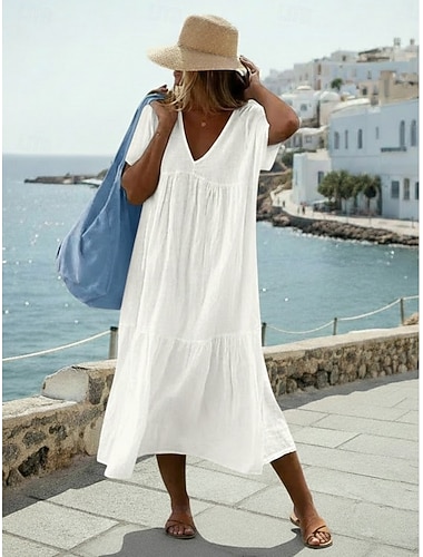 Damen Midikleid 100% Baumwolle Baumwoll-Leinenkleid Mode Modern Outdoor Urlaub Ferien Lässiger Schnitt Einfach Kurzarm V Ausschnitt Blau Schwarz Weiß Hellgrün Sommer Frühling
