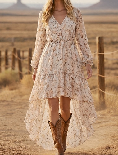  Bohème ancien Rétro Vintage Robe Manches longues Hippie Disco Fleuri Bohème Col en V Déguisement Femmes Festival de Musique Tenue quotidienne Adulte Robe Été