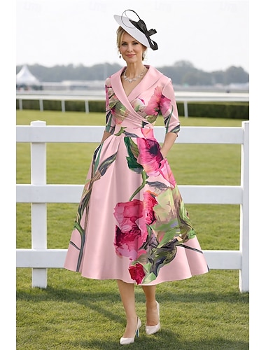  Ligne A Longueur thé Robe de Soirée Robe de Cocktail Robe d'invité de mariage Robe de Mère de Mariée  Demi Manches Revers Élégant Kentucky Derby Satin avec Imprimé floral