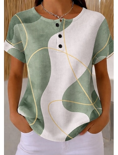  Dámské Waffle texturované pletené topy T-shirt ombre grafika geometrie stylová klasická krátký rukáv kulatý výstřih Henley pravidelné topy denní sportovní černá a bílá světle zelená khaki duhová léto