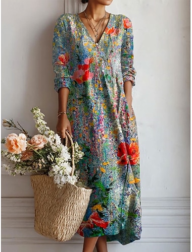  Damen Midikleid Sommerkleid A Linie Kleid Urlaub Lässig Boho Ferien Lässiger Schnitt Blumen Grafik Farbblock Langarm V Ausschnitt Rosa Orange Grün Sommer Frühling