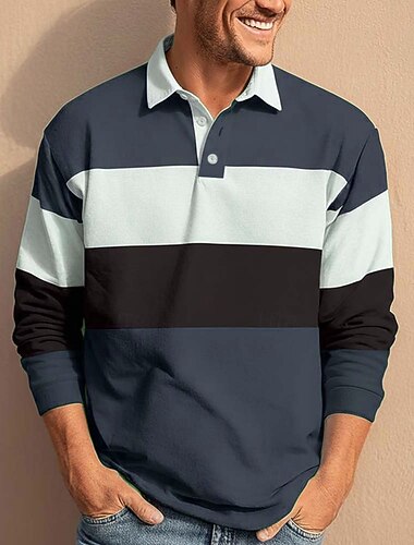  Herre Horisontale strimler Rugby Polo Langærmet Polo skjorter Skjorter med krave Afslappet udendørs Skole atletiktøj 3D-udskrivning Forår Efterår Blå Grøn militærgrøn