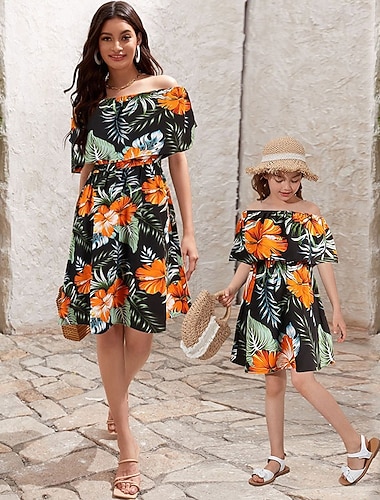  Famiglia Vestitini Floreale Grafico Casuale Stampato Nero Manica Corta Lunghezza al ginocchio Attivo Abiti coordinati