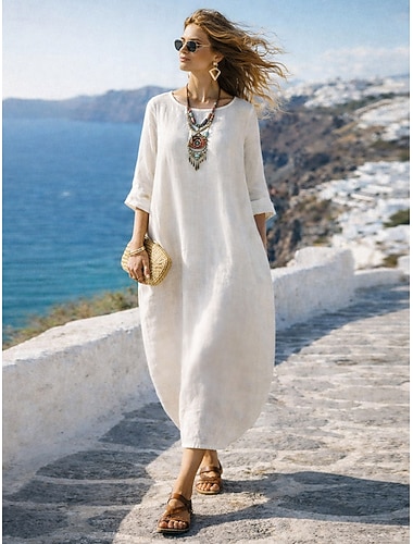  Dames Maxi-jurk Imitatie katoenlinnen Hemdjurk Kaftanjurk Casual jurk Modieus Modern Dagelijks Vakantie Uitgaan Ruim Passend Effen Lange mouw Strakke ronde hals Wit Zomer Lente Herfst