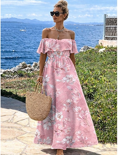  Dam Maxiklänning Boho-klänning Solklänning Vardagsklänning Etnisk klänning Elegant bohemliv Semester Strand Helgdag Datum Lös passning Blommig Kortärmad Över axeln Rodnande Rosa Sommar Vår