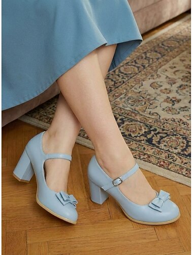  Femmes Quotidien Travail Soirée Nœud Talon Bloc Bout Rond Élégant ancien Faux Cuir Boucle Jaune Rose Rouge