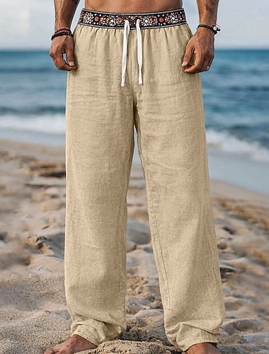  Herren Leinenhosen Hose Sommerhose Strandhose Kordelzug Patchwork Elastischer Bund Geometrisch Komfort Atmungsaktiv Volle Länge Lässig Täglich Ferien Urlaub Mode Grün Khaki