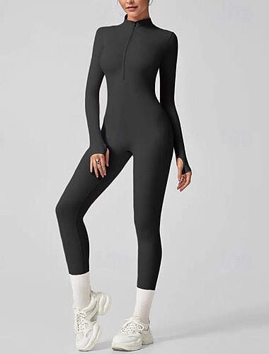  Damen Trainingsanzug Einteiler Reißverschluss Einfarbig Bodysuit Frühling Herbst Schwarz Rosa Fitnesstraining Fitness Yoga Elastisch Atmungsaktiv Langarm Sport Sportkleidung Dehnbar
