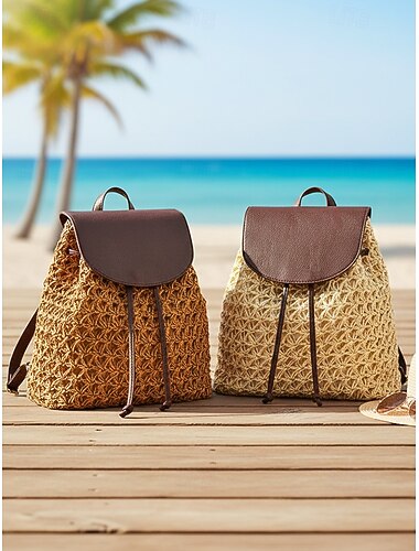  Dame bohemsk stråvevd ryggsekk i elfenbenskaki med stor kapasitet og justerbare stropper for hverdagsbruk, strandferie og feriesteder