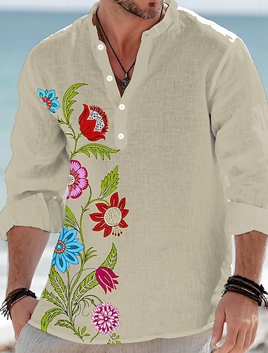  Herren Blumendruck Tropisches Blatt Blumen Sommer Hawaiihemd Knopfhemd Henley Hemd Langarm Hawaiianisch Lässig Urlaub Sommer Frühling Mandarinkragen Stehkragen 3D-Druck Leinenähnliches Hemd Weiß Grün