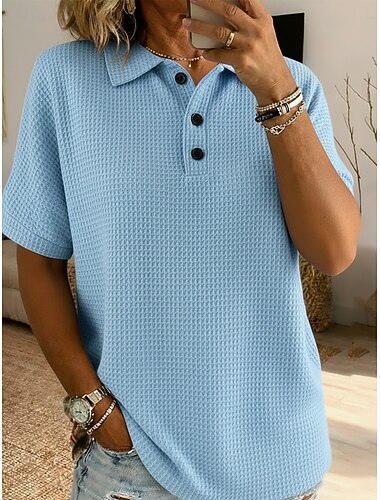  Dames Wafel Shirt T-shirt Poloshirts T-shirts Knop Effen Stijlvol Klassiek Modern Korte mouw Overhemdkraag Normale tops Dagelijks Feestdagen Uitgaan Zwart Wit Rood Hemelsblauw Zomer Lente