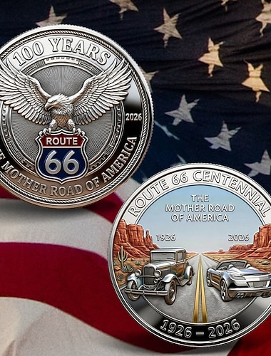  Moeda comemorativa da Rota 66 – 100 anos de liberdade, moeda de lembrança colecionável, presente vintage para amantes de viagens rodoviárias americanas, design de motocicleta e carro clássico, recordação do centenário.