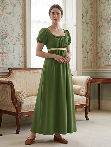  רטרו\וינטאג' ימי הביניים רנסנס באורך הקרסול שמלות שמלת נשף שמלה בהשראת ריג'נסי שרוולים קצרים נסיכות אַצִילָה צבע אחיד צווארון מרובע תחפושות בגדי ריקוד נשים מלכותי האלווין (ליל כל הקדושים) קרנבל