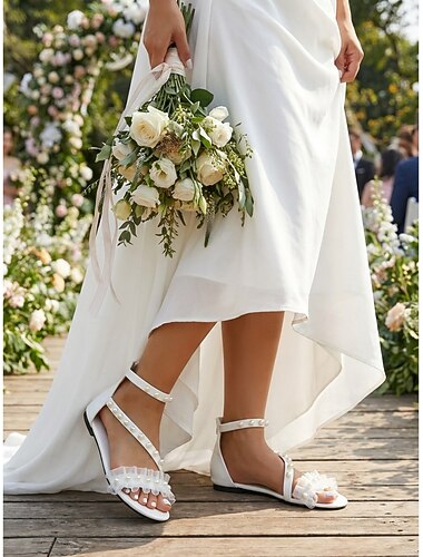  Women's White Bridal Garden Sandals - Elegant Flat Wedding Shoes with Pearls & Ruffles