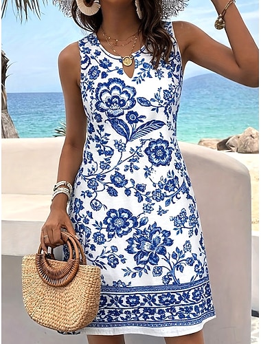  Damen-Minikleid blau-weiß geblümt, ideal für Urlaub, Sommer und Frühling. Lässiges Boho-Kleid für Strand und Freizeit. Normale Passform, mit Blumenmuster, Paisley-Print, ärmellos, Rundhalsausschnitt.