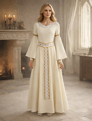  Set Vintage Medievale Rinascimento Vestito con accessori Lunghe Principessa Fata Costume Per donna Fantasia Halloween Carnevale Fiera Rinascimentale LARP Adulti Vestito Tutte le stagioni