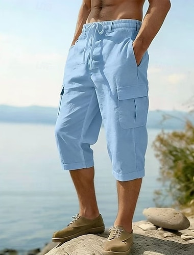  Herren Leinenhosen Caprihose Sommerhose Kordelzug Elastischer Bund Mehrere Taschen Einfach Komfort Atmungsaktiv Wadenlang Lässig Täglich Outdoor Urlaub Mode Blau Schwarz Unelastisch