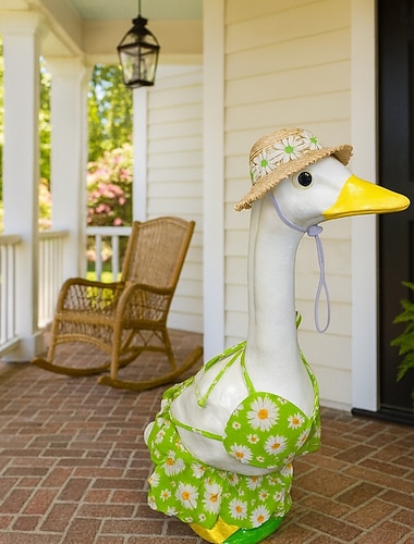  Roupa de biquíni com estampa de margaridas para estátua de ganso de jardim de concreto de 58 a 63 cm, com chapéu de palha, ideal para varanda. Ideal para decoração de jardim com tema praiano. Apenas a