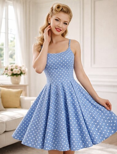  1950-luku Retro / vintage rockabilly Mekot Swing -mekko Flare mekko Hihaton Spagettiolkaimet Pistekuvio Muotoonommeltu Keinu Kauha Naamiaispuku Naisten Karnevaali Naamiaiset Tanssiaiset Toimisto