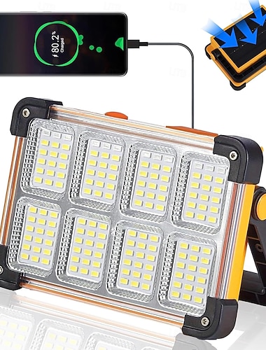  Solcelledrevet arbeidslys, 144 LED 10000lm bærbar flomlys med stativ, IP66 vanntett 4 moduser LED arbeidsplassbelysning lommelykter for mekaniker camping fiske bilreparasjon