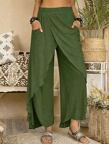  Damen Weite Hosenbeine Weites Bein Chinos Hosen Hose Basic Lässig / Sportlich Mittlere Taille Buchstabe Rüsche Geschichtet Baggy Dehnbar Lässig Täglich Yoga Schwarz Weiß Wein Armeegrün Sommer