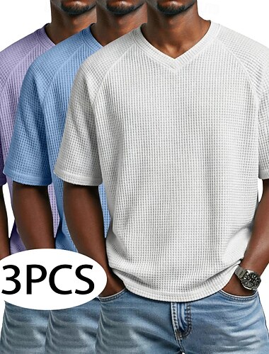  3er-Pack Herren-Waffel-T-Shirts, Kurzarm, V-Ausschnitt, Sommer, einfarbig, strukturiert, modisches Designerstück, lässig, Designer-Stil, Multipack, Raglanärmel, lässig, für Alltag und Outdoor,