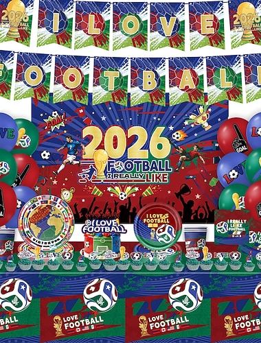  Sommer-Fußballparty-Deko 2026, Fußball-Motto-Set, „Ich liebe Fußball“-Hintergrundbanner, Luftballons, Tischdecke, Teller, Becher, Servietten, Cupcake-Topper für Jungen zum Spielgucken