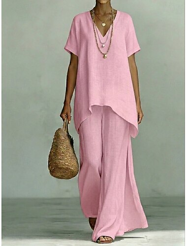  Dames Katoenen linnen sets Korte mouw V-hals Effen Kleur Vakantie Dagelijks Casual Dagelijks blauw Zwart Geel Lente zomer