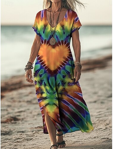  Per donna Abito maxi Abito Boho Vestito Casual Abito a trapezio Abito Stampato Vintage All'aperto Spiaggia Vacanza Vestibilità comoda Cuore Tinta a nodi Manica Corta Scollo a V Verde Estate Primavera