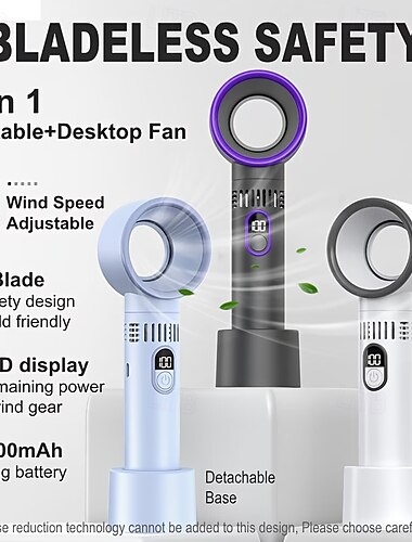  multifunksjonell digital display håndholdt vifte, kraftig vifte USB oppladbar 100-trinns høyhastighets bladløs håndvifte for utendørsreiser