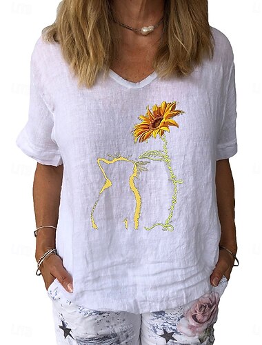  Damen Baumwoll Mischung Bluse Patchwork Druck Grafik Stilvoll Klassisch Modern Kurzarm V Ausschnitt Normale Oberteile Täglich Ferien Ausgehen Weiß Gelb Dunkelblau Grau Leicht Blau Sommer Frühling