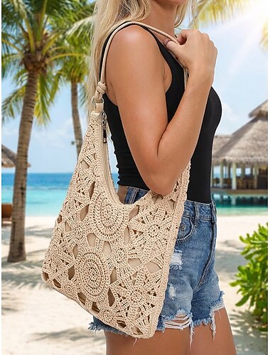  Dame Håndveske Skuldervesker Strå Avslappet Strand Reise Glidelås Lettvekt Helfarge Vevd