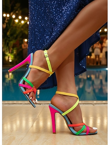 Levendige neonkleurige sandalen voor dames - sexy stiletto's met hoge hakken en bandjes, voorzien van een verstelbaar enkelbandje, perfect voor avondfeesten en gala-avonden op cruiseschepen. &zomerse