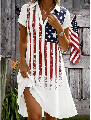  Amerikanischer Unabhängigkeitstag Damen Minikleid A Linie Kleid Urlaub Lässig Strand Normale Passform Grafik Flagge Sternenbanner Kurzarm V Ausschnitt Blau Weiß Rote Dunkelblau Sommer Frühling
