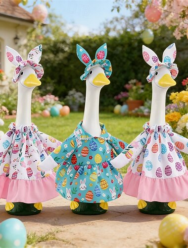  Conjunto com 3 roupinhas para ganso de jardim, incluindo touca de orelhas de coelho e tema de Páscoa. &Vestido com estampa de coelho para decoração de jardim, tamanho padrão para decoração festiva ao