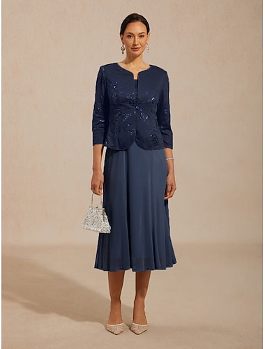  Elegantes Damen-Kleid-Set mit Pailletten, Blumenmuster, 3/4-Ärmeln, Rundhalsausschnitt, normaler Passform, marineblau, für Abendveranstaltungen und Partys. Geeignet für Frühling, Herbst, Winter und