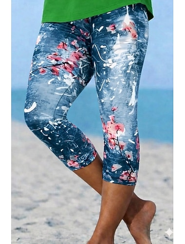  Dame Capri-bukser Leggings Ferie Mote Hawaiisk Kalv lengde Medium Midje Blomstret Grafisk Printer Trykt mønster Komfort Myk Pustende Elastisk Avslappet Daglig Feriereise Blå Sommer Vår Slank Fasong