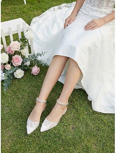  Dames bruidsschoenen met lage hak - elegante geborduurde trouwschoenen met kristallen enkelbandje voor tuinbruiloften