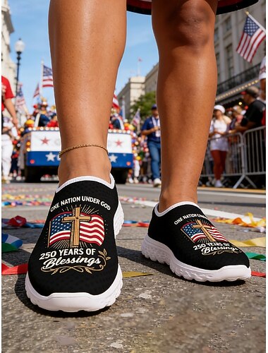  Damesblauwe patriottische instapsneakers – lichtgewicht, ademende wandelschoenen met Amerikaanse vlag en een grafisch ontwerp ter ere van 250 jaar Amerika, geschikt voor casual gebruik, feestdagen,