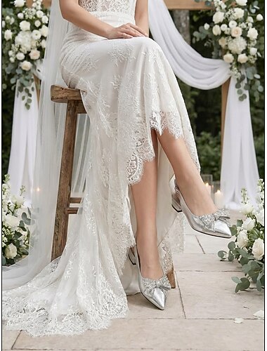  נעלי כלה שטוחות לנשים מעוטרות פנינים כסופות וקשת - נעלי כלה שטוחות אלגנטיות לחתונות גן