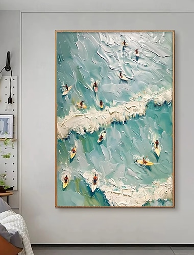  teksturert luftfoto av surfere oljemaleri