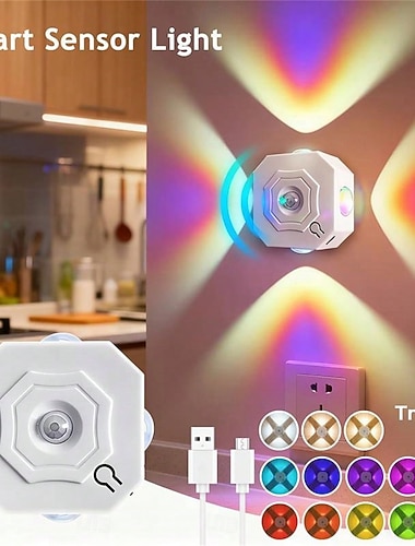  2 quadratische, smarte Wandleuchten mit Bewegungssensor, RGB-Farbwechsel, 3-farbig einstellbare Helligkeit, USB-wiederaufladbare LED-Leuchten für Treppenhaus, Flur, Schlafzimmer und Badezimmer, 6,5 x