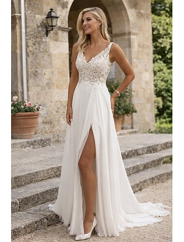  Robes de mariage sur la plage robe A-Line col en V sans manches longueur de sol robes de mariée en chiffon avec appliqués fente devant