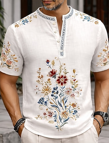  Herr Blomtryck Etnisk Blommor Skjorta Button Down skjorta Kortärmad Vintage retro Bröllop Helgdag Ledigt / vardag Sommar Vår Kinakrage Henley krage 3D-utskrift Linne som skjorta Blå Vit Rodnande Rosa