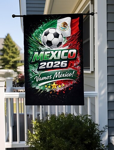  Trädgårdsflagga med fotbollstema från Mexiko 2026, med mexikanska flaggans färger och sloganen "vamos mexico!", perfekt för nationell stolthet &utomhusdekor