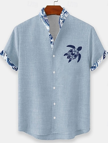  Herr Djur Sköldpaddor Havsvarelser Hawaii skjorta Knapp upp skjorta Ståkrageskjorta Kortärmad Hawaiisk Ledigt Strandsemester Sommar Vår Kraghalsband 3D-utskrift Linne som skjorta Blå Vit Rodnande