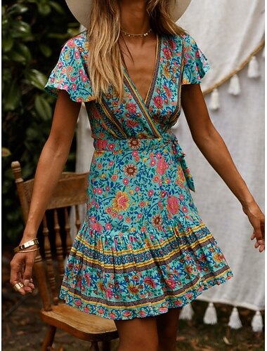  Dam Mini klänning Boho-klänning Vardagsklänning Blommig klänning Elegant Mode Modern Utomhus Semester Utekväll Normal Blommig Kortärmad V-hals Rubinrött Vinröd Fuchsia Orange Sommar Vår