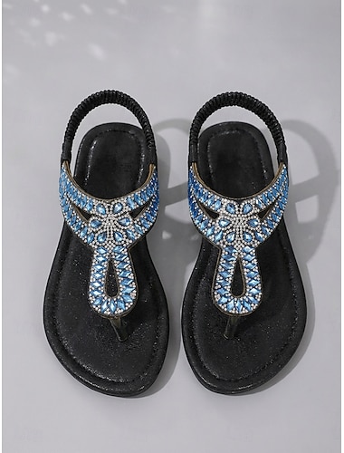  Sandales noires élégantes pour femmes ornées de bijoux - tongs élégantes à bride en T avec strass en cristal bleu &Bretelles élastiques dans le dos pour les vacances au bord de la piscine et à la