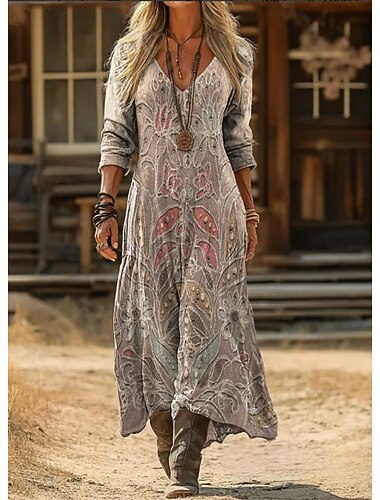  Per donna Abito lungo maxi Abito Boho Abito Vintage Vestito Casual Vintage Quotidiano All'aperto Vacanza Vestibilità regolare Floreale Manica Lunga Scollo a V Grigio Primavera Autunno
